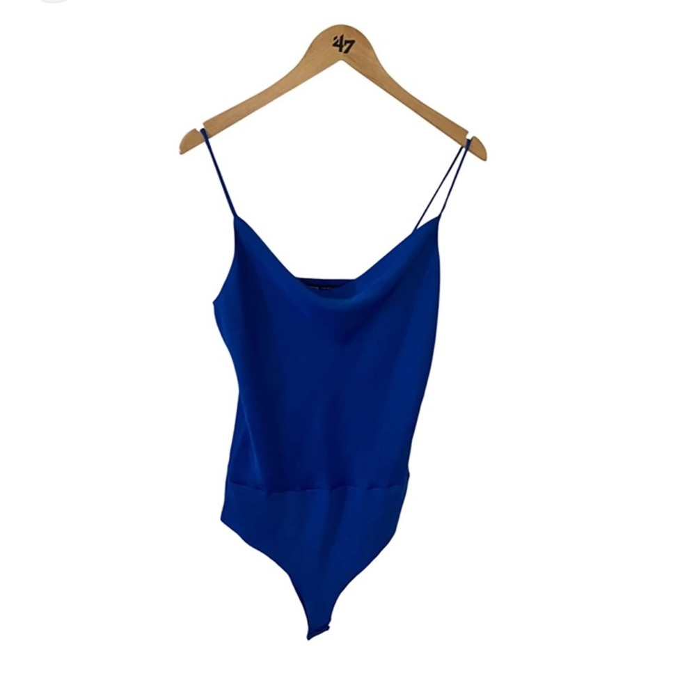 Blue cowl neck silk body suit